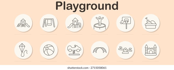Playground set icon. Slide, swing, trampoline, hoop, sandbox, kite, beach ball, rocker, arch, seesaw, castle. Children, fun, outdoor, play, park, equipment, joy, motion, game, activity.