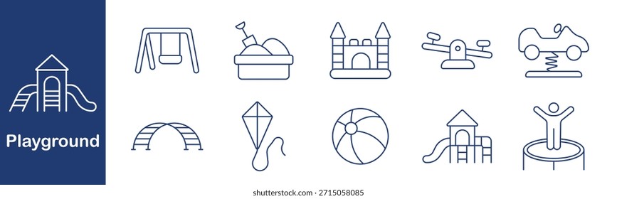 Icono de conjunto de patio. Deslice, columpio, caja de arena, castillo, balancín, coche, arco, cometa, bola, trampolín. Niños, diversión, al aire libre, juego, Ocio, juego, movimiento, estructura, actividad, diversión.