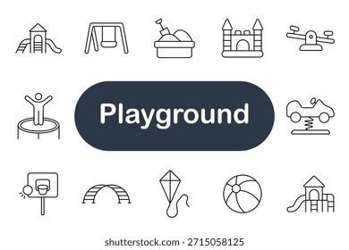 Playground set icon. Slide, swing, sandbox, castle, seesaw, trampoline, car toy, basketball hoop, bridge, kite, beach ball, fun, outdoor, recreation, children, entertainment, amusement, park, activity, joy