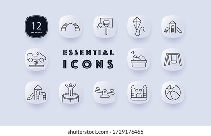 Playground set icon. Slide, swing, trampoline, sandbox, seesaw, climbing arch, playhouse, castle, kite, spring rider, ball, basketball hoop in rounded square button format.