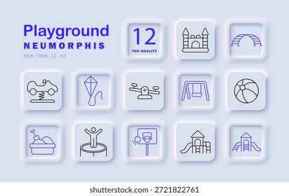 Ícone do jogo de playground. Slide, trampolim, sandbox, swing, basquete, pipa, carro de primavera, arco de escalada, gangorra, bola, castelo divertido área de atividade para crianças.
