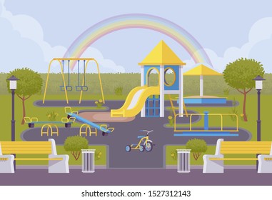 Playground set, outdoor area decor ideas, playing equipment with slides and swings, attraction, recreation kid fun, bright zone provided for children to play in. Vector flat style cartoon illustration