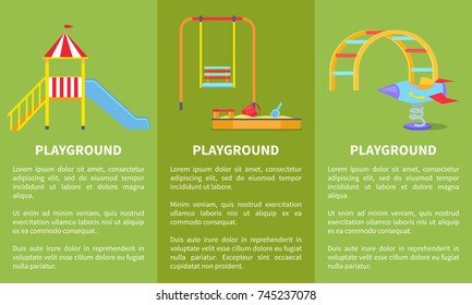 Playground set of posters with childrens slide, sandbox with canopy, ladder and rocket on spin vector illustrations on green background
