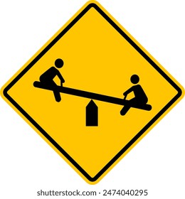 Playground sign. A yellow road sign in the shape of a diamond with a symbol of children playing inside. Drive carefully and slowly. Rhombus road sign.  Warning  yellow diamond sign.