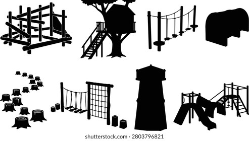 Playground silhouette collection with climbing frames, slides, rope bridges, and treehouse structures for kids’ activity design