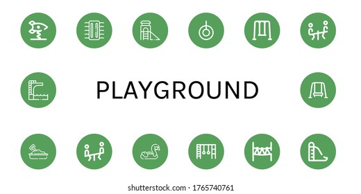 playground simple icons set. Contains such icons as Spring swing rocket, Inflatable, Slide, Swing, Seesaw, Sandbox, Monkey bars, Rope park, can be used for web, mobile and logo