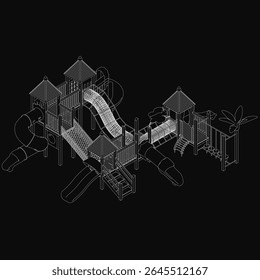 Playground slide in black and white line art, surrounded by trees against a dark background, featuring simple yet engaging details. The minimalist style creates a nostalgic and serene atmosphere.