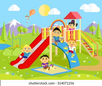 Playground with slide and children. Park play kid, outdoor childhood, equipment and ladder, happiness and recreational, nature and leisure, recreation and summer illustration