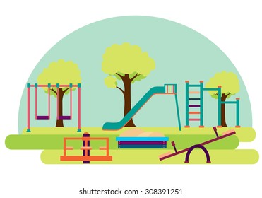 Playground. Slide and swing on a background of green trees. Vector illustration
