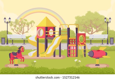 Playground structure, outdoor decor idea of school or public park with equipment for recreation, kid fun kit in schoolyard, city playpark architecture. Vector flat style cartoon illustration