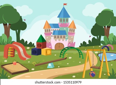 Playground with swing, slide, trees and princess castle for little children. Vector background for litle kids.