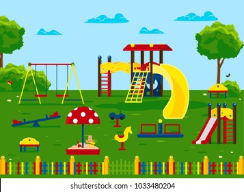 Playground. Swings, slides, sandbox, carousel, rocking chair, fence. Playground for children in a flat style, vector illustration. Objects are isolated and grouped on a separate layer, easy to move.
