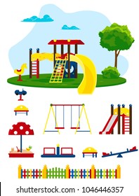 Playground. Swings, slides, sandbox, carousel, rocking chair, fence. Playground for children in a flat style, vector illustration. Isolated objects on white background.