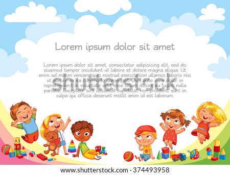 Playground. Template for advertising brochure. Ready for your message. Children look up with interest. Kid pointing at a blank template. Lorem ipsum. Funny cartoon character. Vector illustration