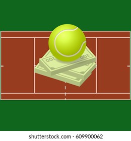 Playground for tennis and tennis ball on a bundle of banknotes - sports betting.