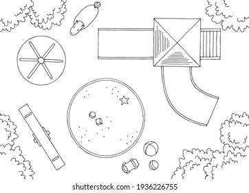 Playground top aerial view graphic black white landscape sketch illustration vector 