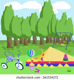 playground and toys. children toys shovels, jumping rope , bucket, pyramid, ball , tricycle , swing, sandpit . EPS10 Vector illlustration