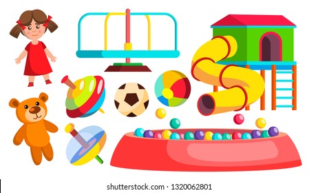 Playground Toys Vector. Doll, Ball, Bear, Carousel, Attraction. Isolated Flat Cartoon Illustration