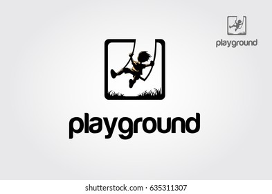 Playground Vector Logo Illustration. Iconic Logo Design Of Child Silhouette Sitting On Swing.