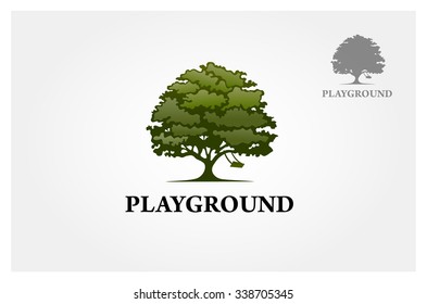 Playground Vector Logo Template. Tree with a child play the swing under the tree, this logo symbolize a protection, peace,tranquility, growth, and care or concern to development.