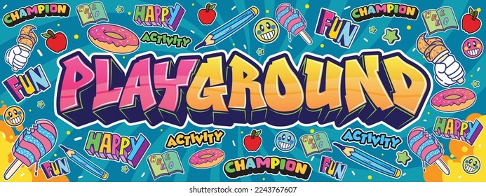 Playground wall art in graffiti urban street art theme. Colorful and cute design illustration