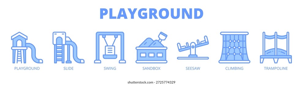 Playground web banner ícone vetor ilustração conceito para crianças ao ar livre, com ícone de equipamento de playground, slide, balanço, sandbox, gangorra, estrutura de escalada e trampolim.