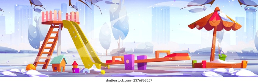 Playground in winter with sandbox and toys, seesaw swing and a children slide covered with snow. Cartoon vector wintry landscape of city park with kid play and sport equipment. Daycare amusement area.