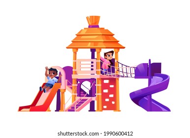 Playground or yard with slides and ladders for kids. Children playing together, fun and recreation, leisure and entertainment for infants or school pupils. Cartoon character, vector in flat style