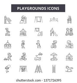 Playgrounds line icons, signs set, vector. Playgrounds outline concept, illustration: playground,fun,park,slide,play,swing,symbol
