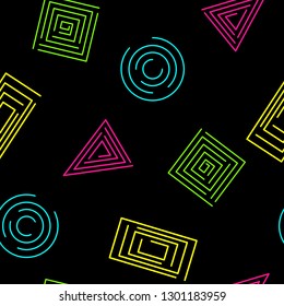 Playgul geometric neon repeat pattern with basic geometric shapes in line art. Vector seamless pattern tile. Simple line shapes in neon colors on dark background. 