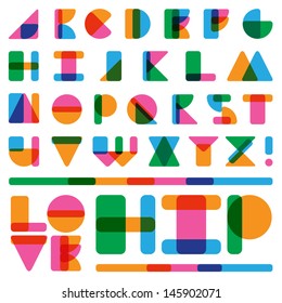 Playhouse Kids Fun Playful Typeface alphabet with overlapping, transparent geometric shapes