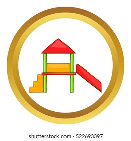 Playhouse with slide vector icon in golden circle, cartoon style isolated on white background