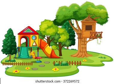 Playhouse and treehouse in the park illustration