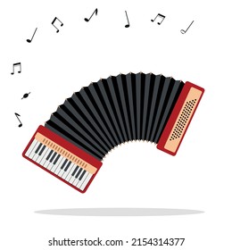 Playing accordion with musical notes isolated on white background. Keyboard Accordion icon. Classical musical instrument for music concert. Flat or cartoon Vector illustration.