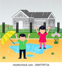 Playing activities in the yard when it rains vector design illustration