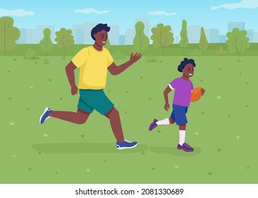 Playing american football with dad flat color vector illustration. Training camp. Running football trainer and kid. Smiling father and son 2D cartoon characters with green field on background