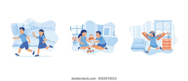 Playing around during school holidays. Children playing on the living room floor. Children playing on the living room floor. Children's concept. Set flat vector illustration 