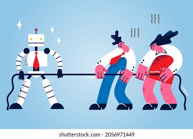 Playing with artificial intelligence concept. Woman and man workers cartoon characters playing pulling rope with robot making competition with robotic technologies vector illustration