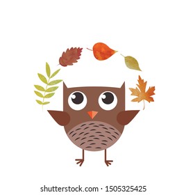 Оwl playing with autumn leaves. Can be used for t-shirt print, kids wear fashion design, baby shower invitation card. Illustration