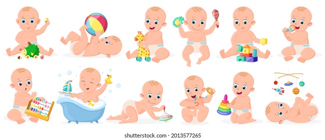 Playing babies. Cute infant baby boy or girl playing with ball, pyramid and boat vector illustration set. Cheerful toddler babies activity. Infant girl and boy cartoon play and active with ball