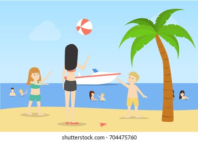 Playing with ball at the beach. People having fun. Boat at the sea.