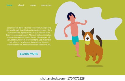 
Playing ball with dog. Suitable for landing page of your website. Flat illustration vector.