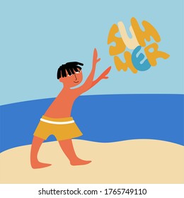 Playing with a ball made of Summer lettering on the sea beach. Vector illustration in flat style. Summer holidays concept. Seaside resort banner, advertisement