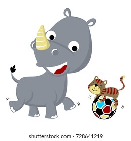 playing ball with rhino and cat, vector cartoon illustration