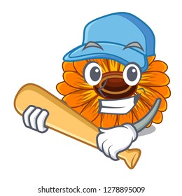 Playing baseball calendula flowers in the cartoon pots