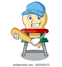 Playing baseball character baby eat on highchair indoors