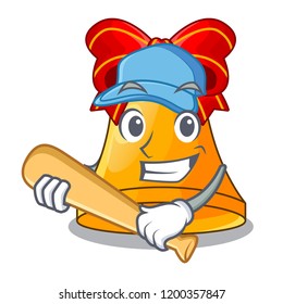Playing baseball character christmas gold bells with holly