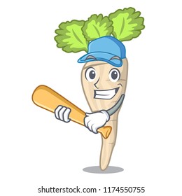 Playing baseball character parsnip root with leaf cartoon