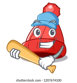 Playing baseball character winter beanie with pom pom
