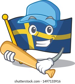 Playing baseball flag sweden character hoisted in cartoon pole